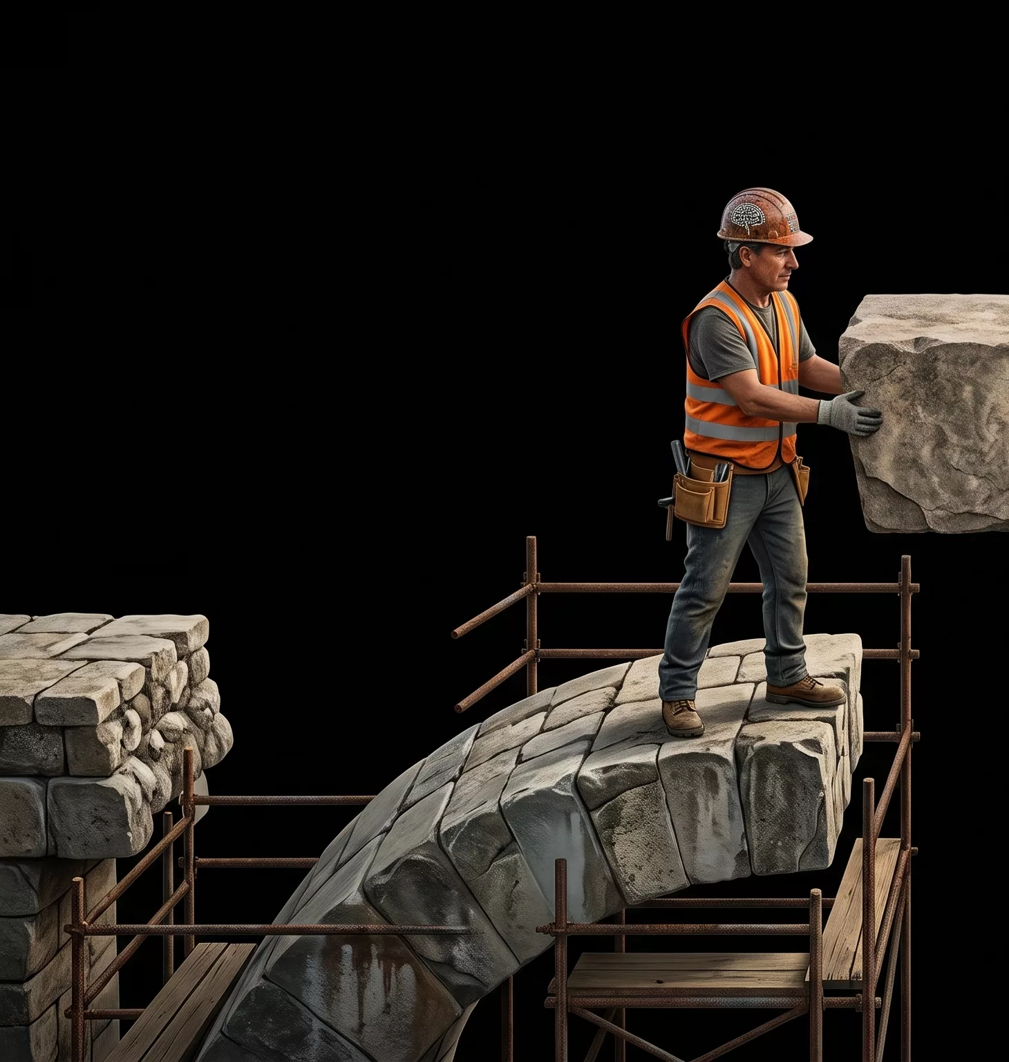 A builder on a stone bridge carrying the final block toward the gap