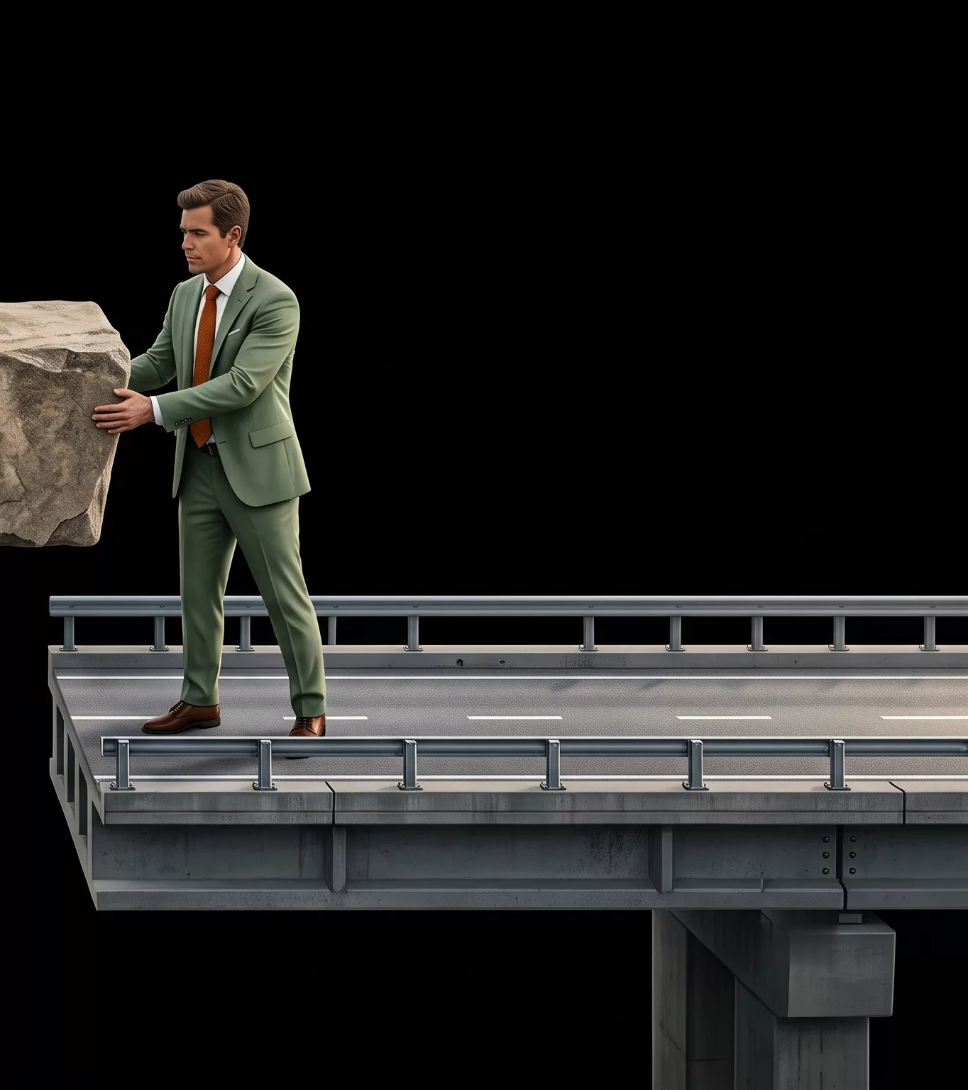 A business owner on a modern bridge receiving the final block